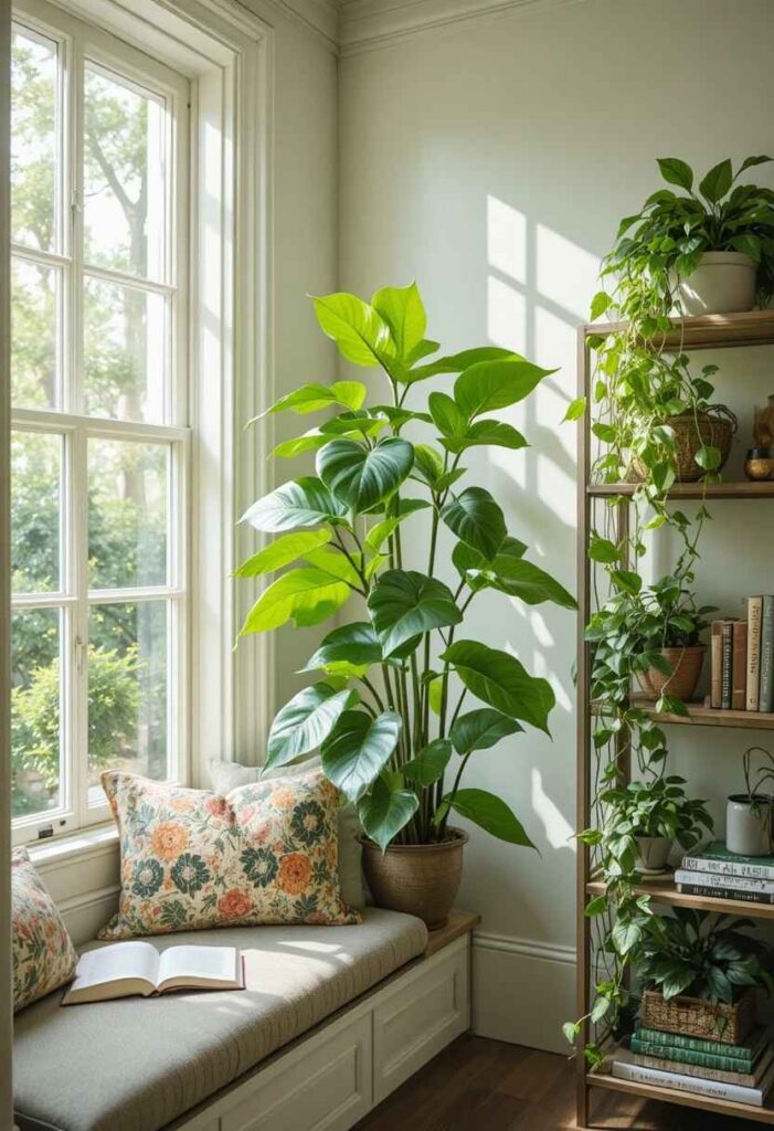 Reading nook with fiddle leaf fig and trailing pothos plants near a sunlit window seat for a calming natural touch