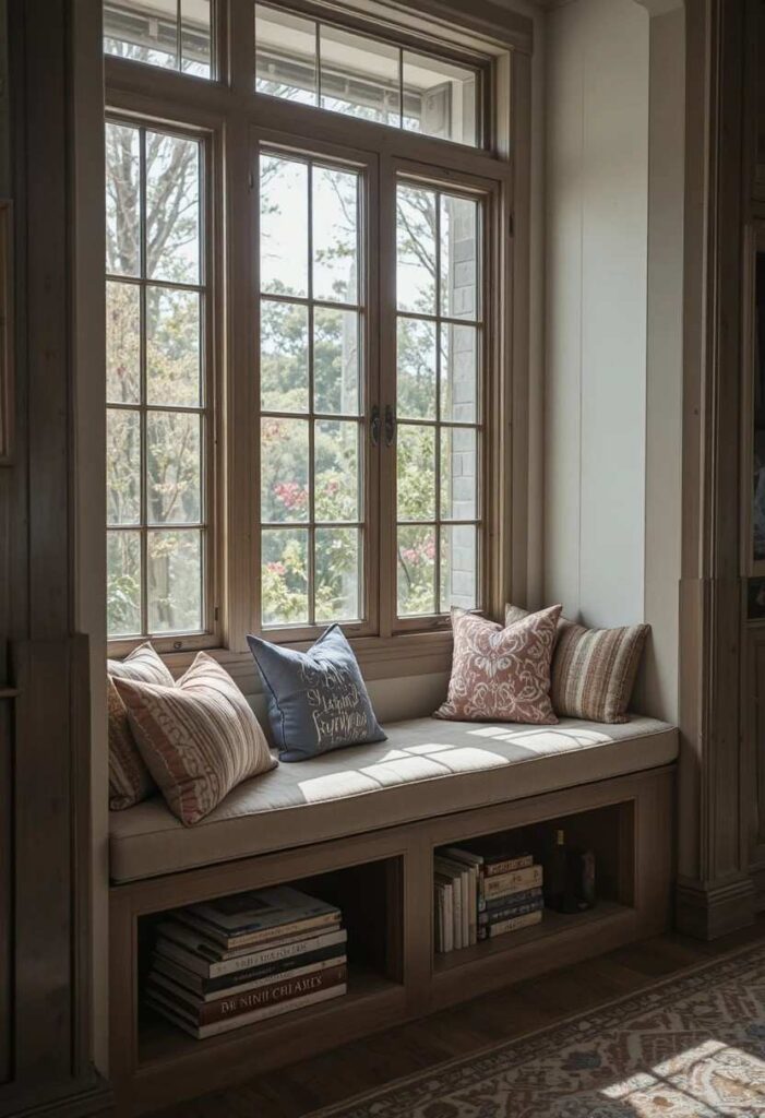 Window bench with built in storage and lifted cushion revealing hidden space for blankets and books
