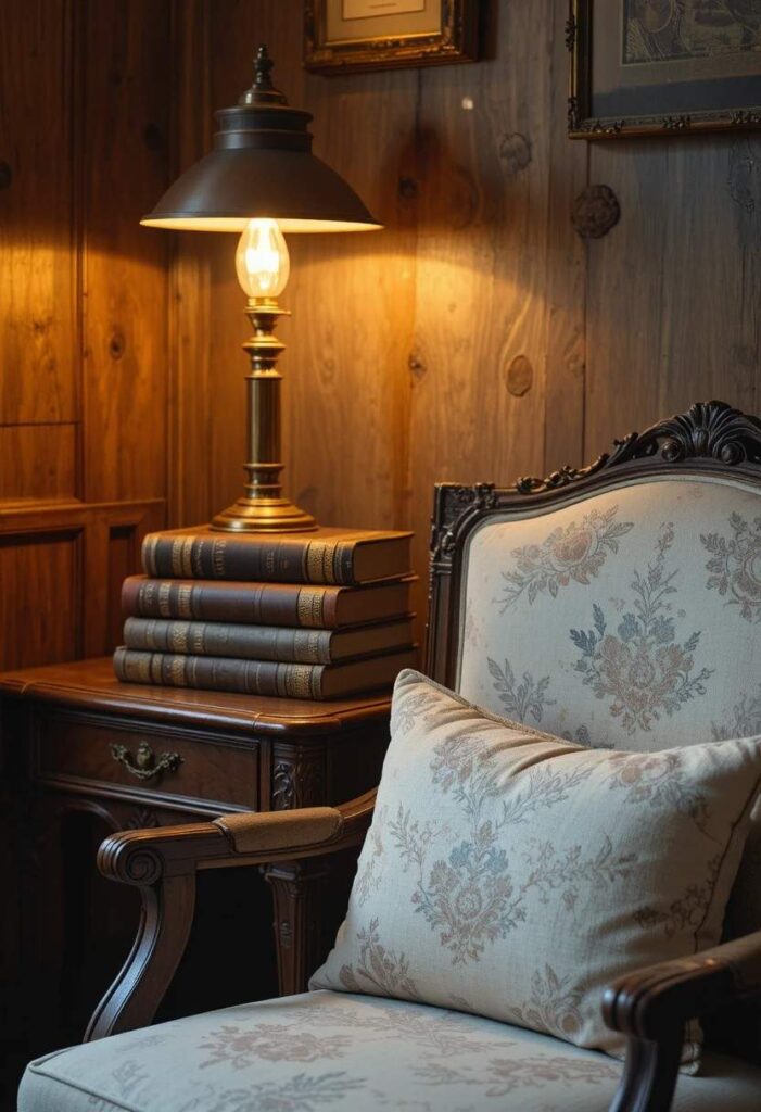 Vintage reading corner with antique brass lamp and leather bound books creating a nostalgic storybook atmosphere