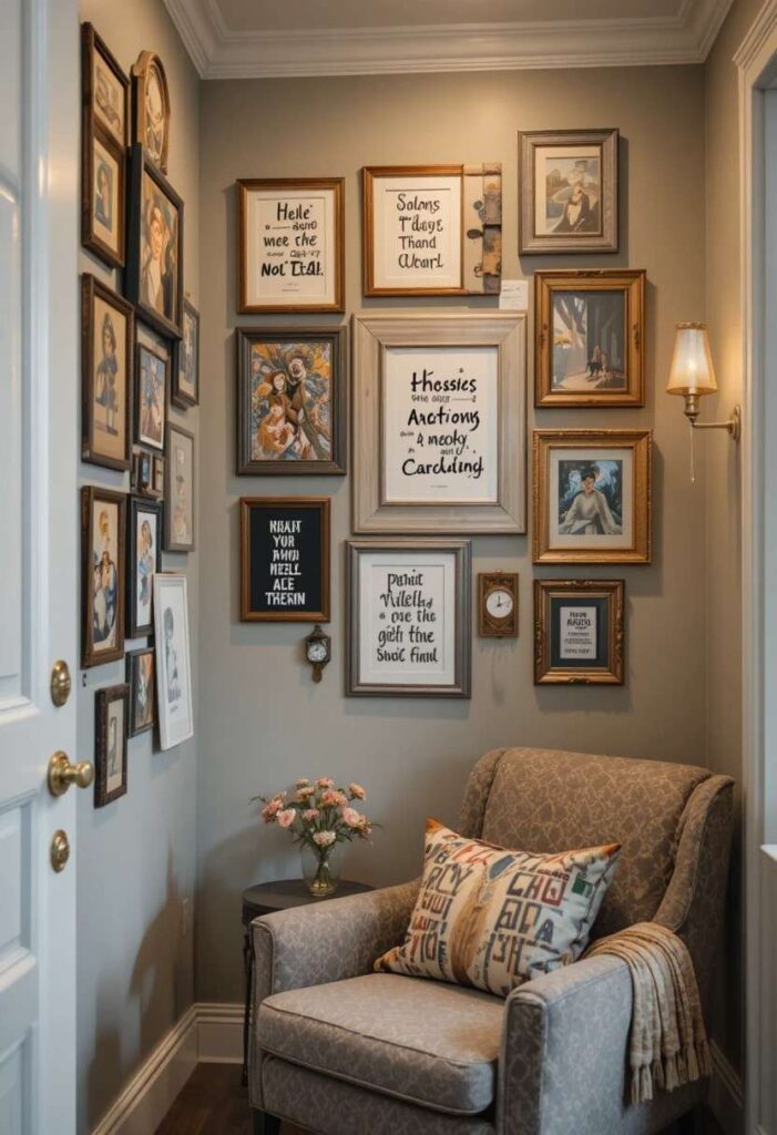 Curated gallery wall with mixed frames above a cozy reading chair for a personal inspiring touch