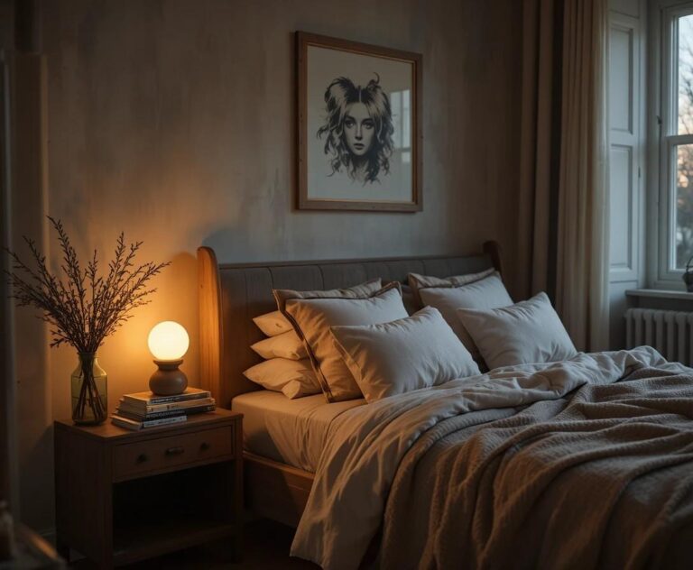 Cozy bedroom with warm glowing lamp on nightstand creating a relaxing evening atmosphere