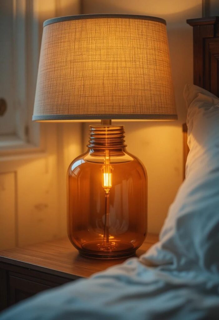 Warm amber glass table lamp glowing on a bedroom nightstand