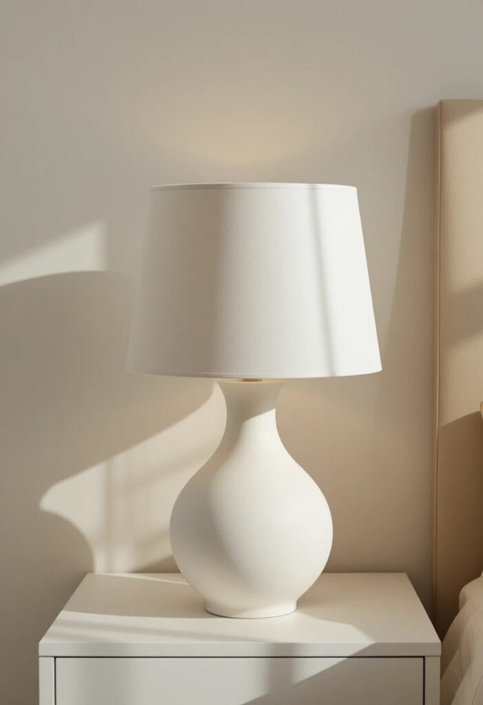 Minimalist white ceramic lamp on a clean bedroom nightstand