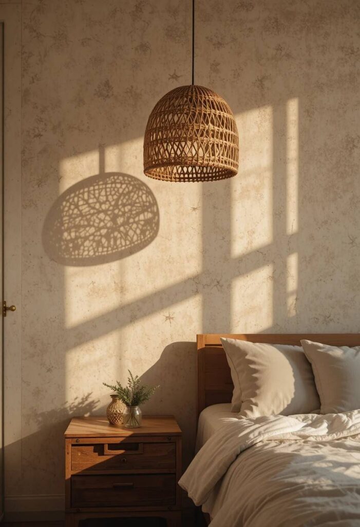 Boho rattan lamp casting dappled shadows in a sunlit bedroom