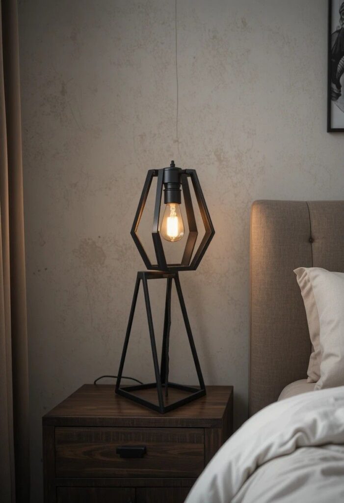 Matte black industrial style lamp on a modern bedroom nightstand