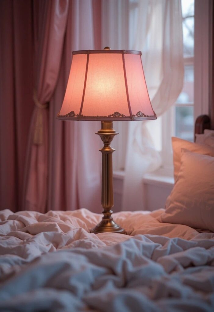 Soft pink glow bedside lamp creating a romantic bedroom mood