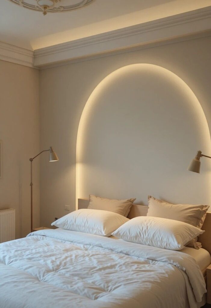 Arc floor lamp curving over a bed for stylish reading light