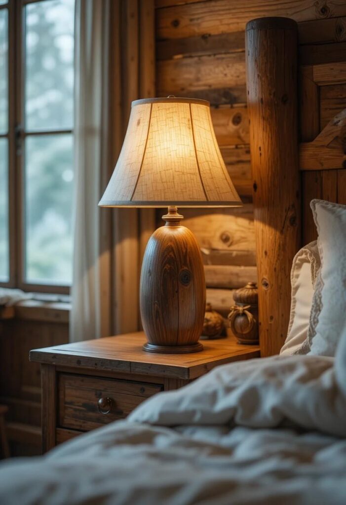 Rustic wood base lamp adding warmth to a cozy bedroom