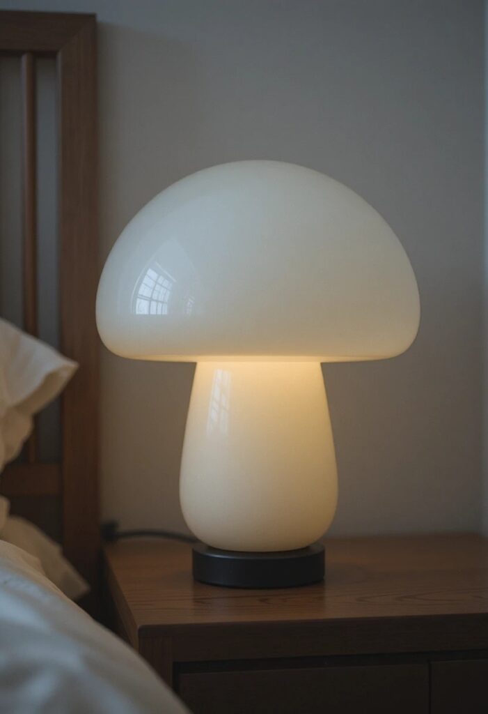 Mushroom shaped glass lamp glowing on a modern nightstand