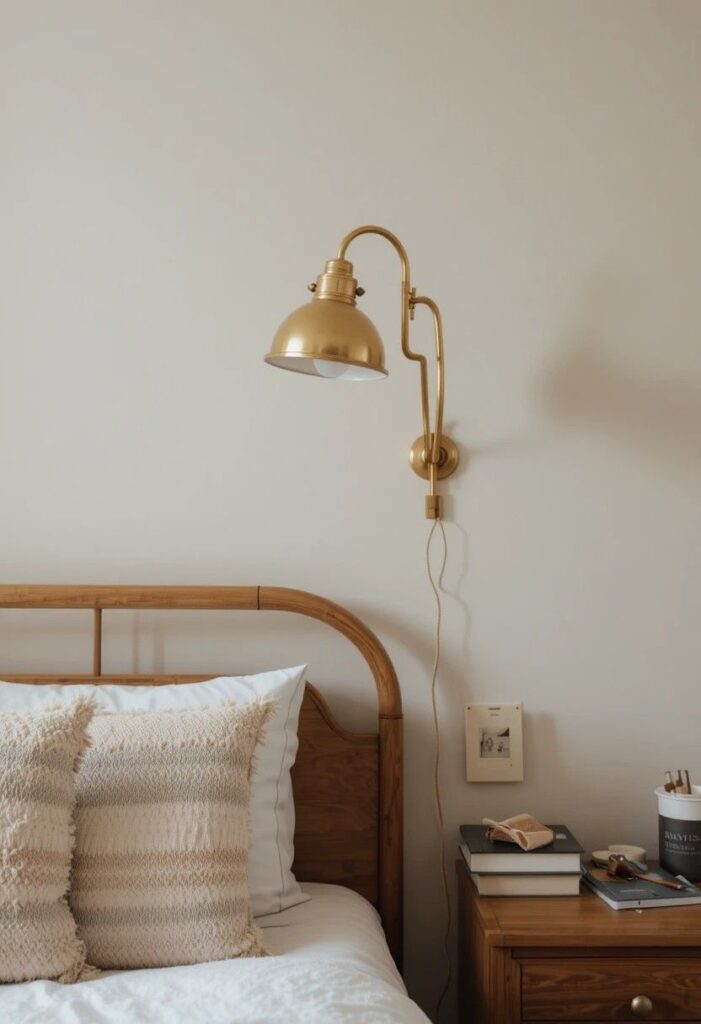 Brass swing arm wall lamp mounted above a bed for reading