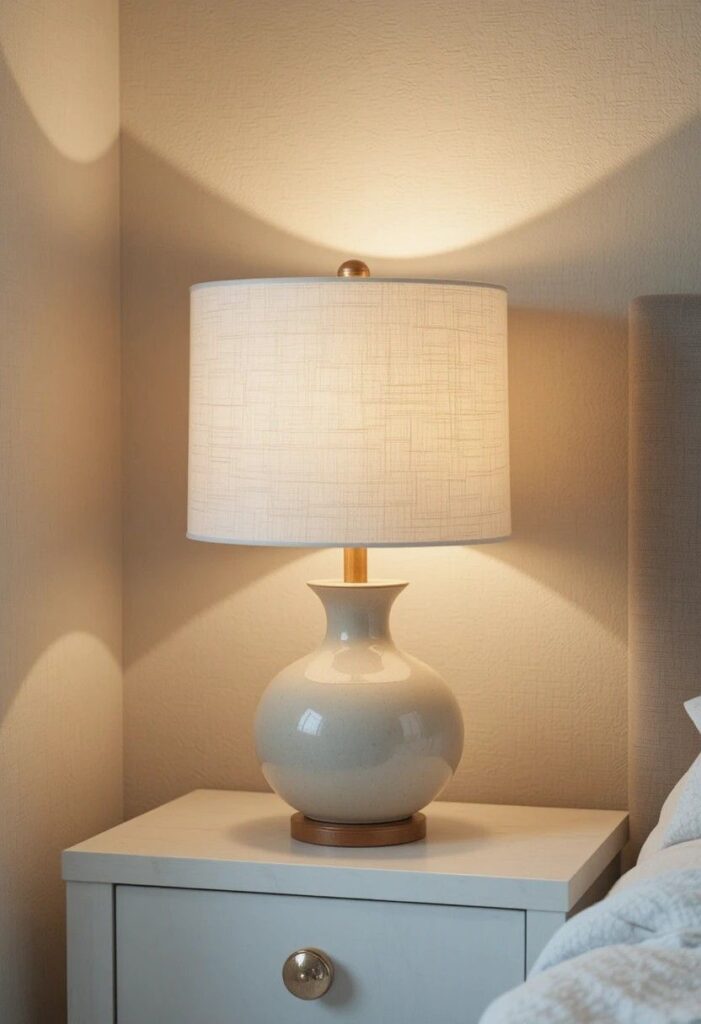 Fabric drum shade lamp giving soft even light in a bedroom