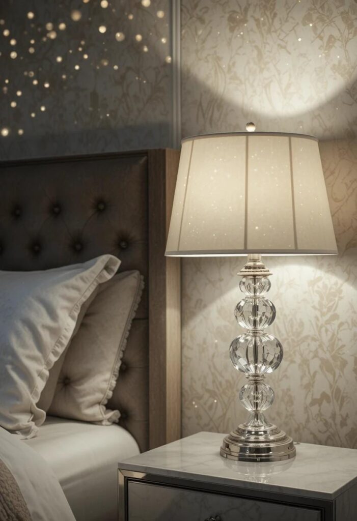 Crystal accent lamp scattering sparkling light in a bedroom at night