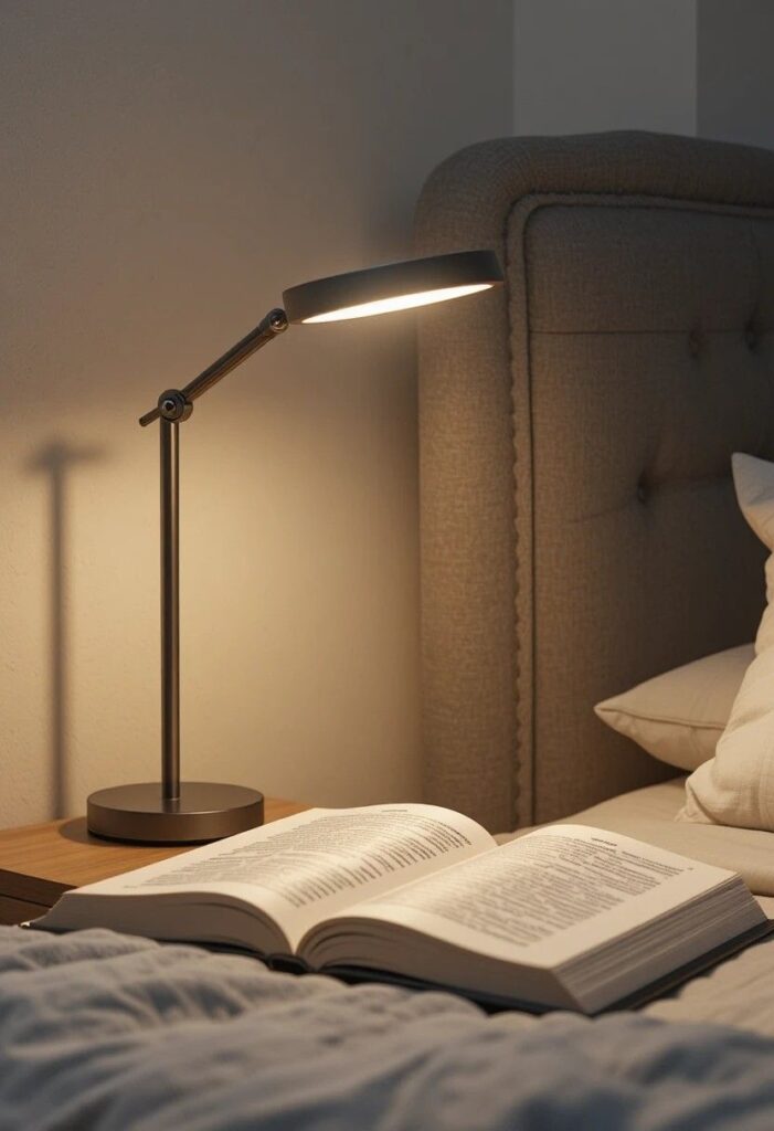 Adjustable LED reading lamp directing light onto a book in bed