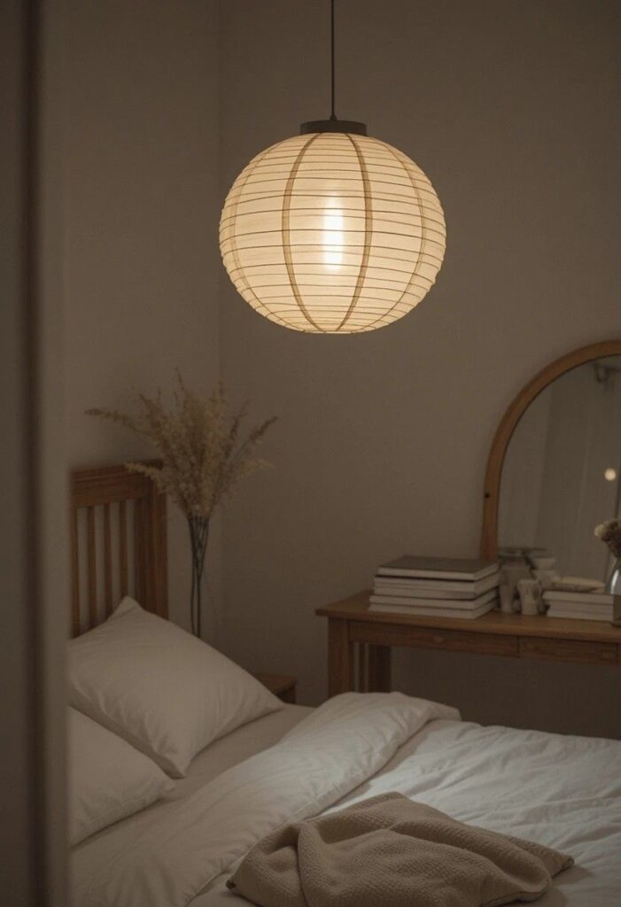 Paper lantern style lamp giving soft diffused glow in a bedroom