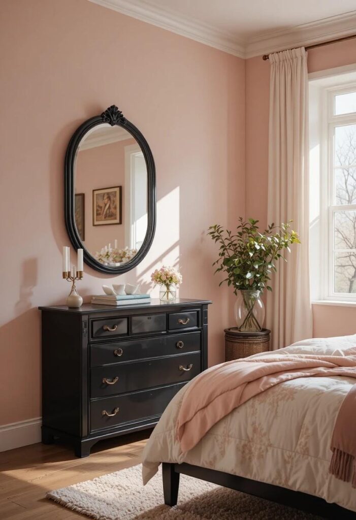  Blush pink bedroom walls with black furniture accents