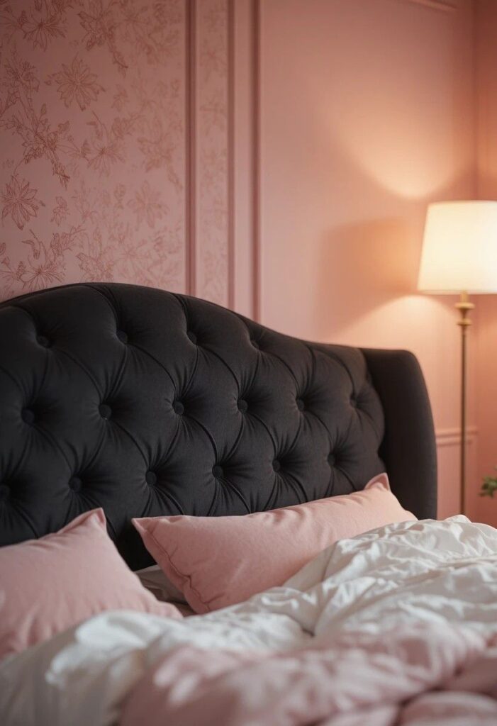 Curved black velvet tufted headboard in pink bedroom