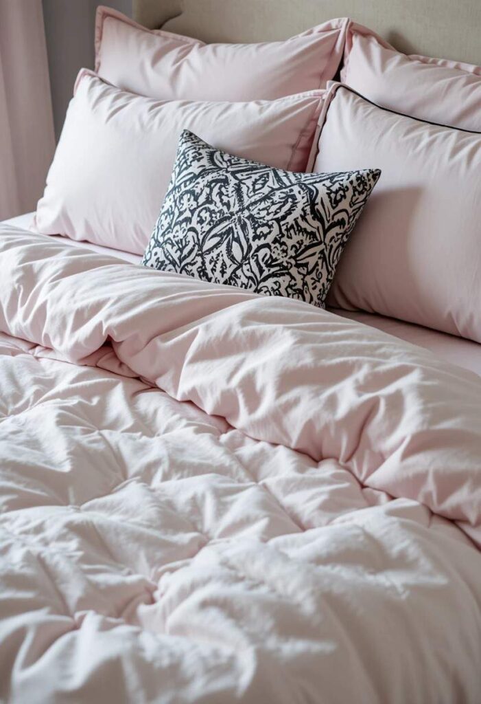  Pink bedding with black trim details and patterned pillow