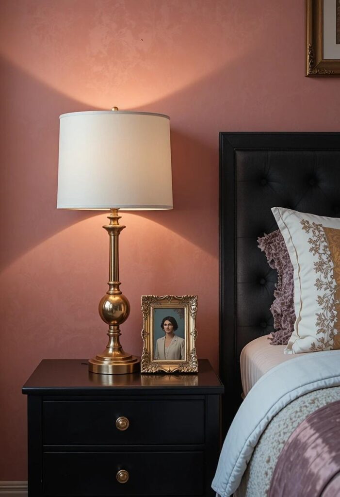  Gold and brass accents in pink and black bedroom decor
