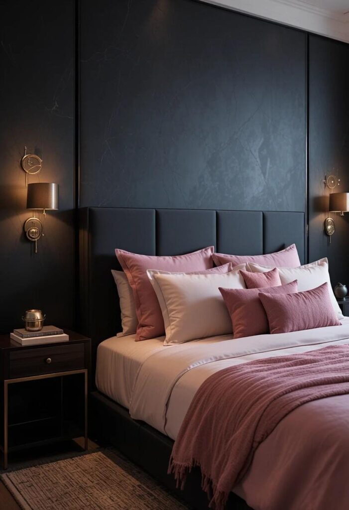  Matte black accent wall behind bed in pink bedroom