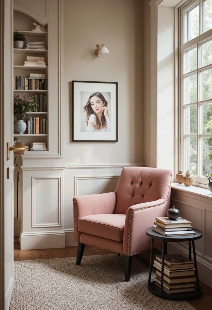  Dusty rose pink velvet accent chair reading nook