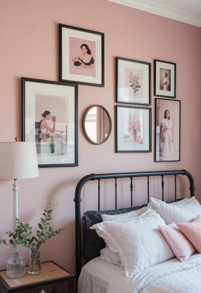 Black and pink gallery wall above bedroom bed
