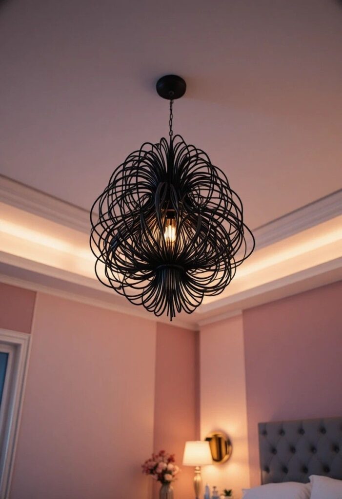 Black sculptural chandelier above pink and black bedroom bed