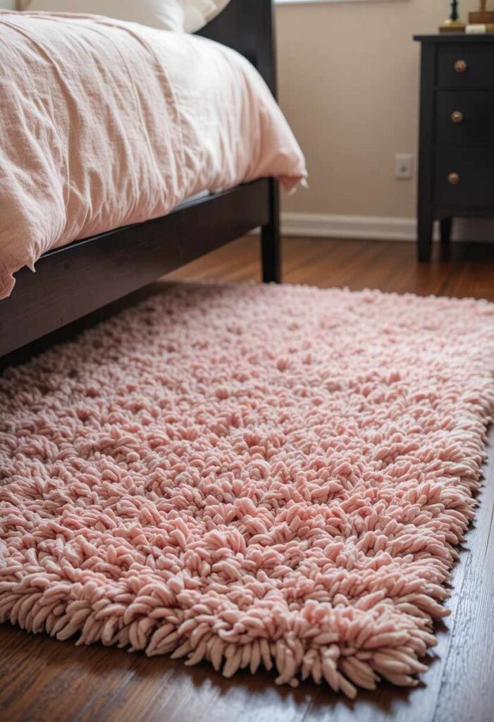  Soft pink shag rug in cozy bedroom floor styling