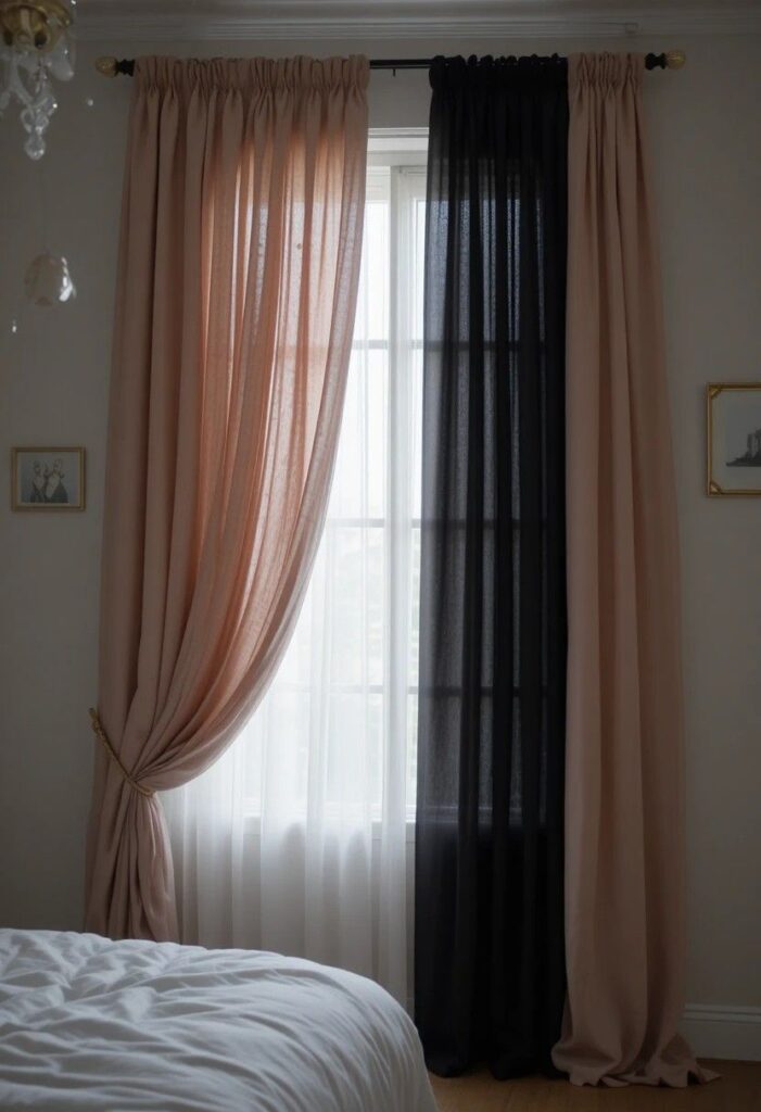 Layered pink sheer and black blackout curtains in bedroom