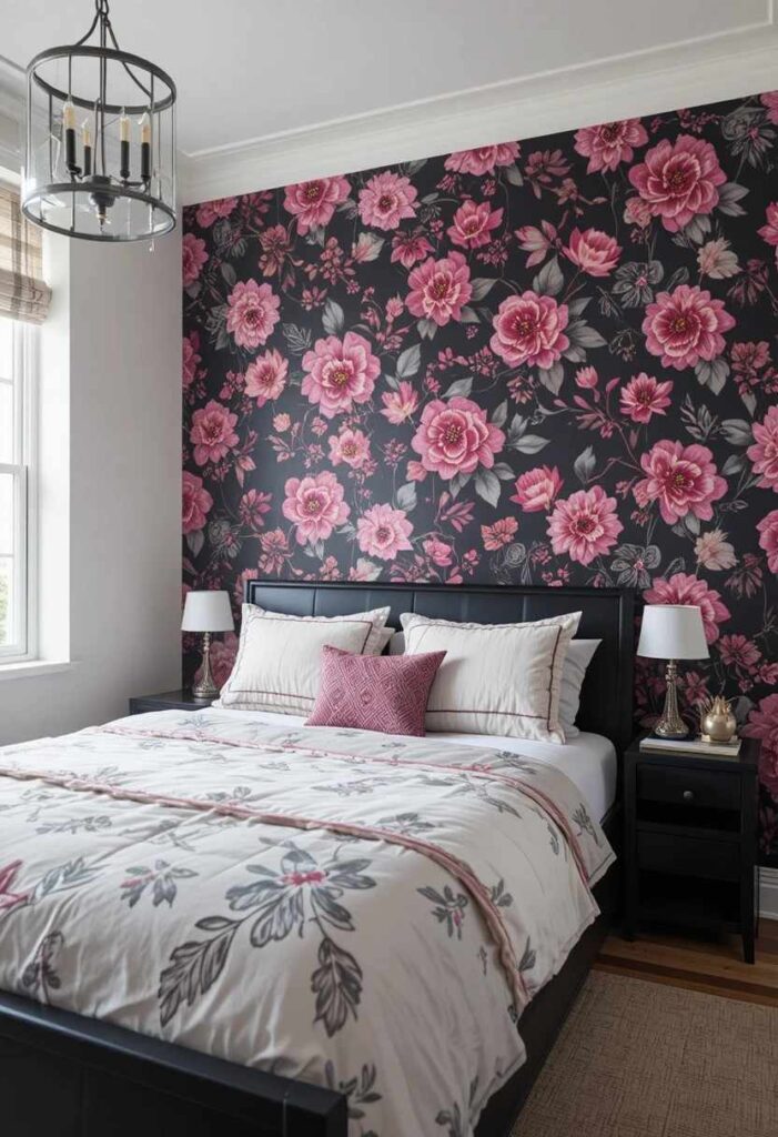  Pink and black floral patterned wallpaper accent wall