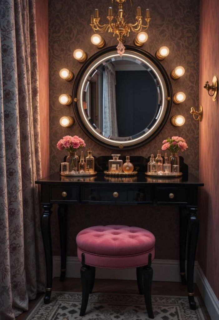  Black vanity desk with pink stool and mirror lighting