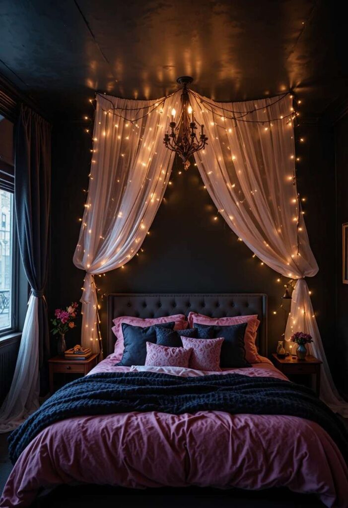  Matte black painted ceiling with string lights in bedroom