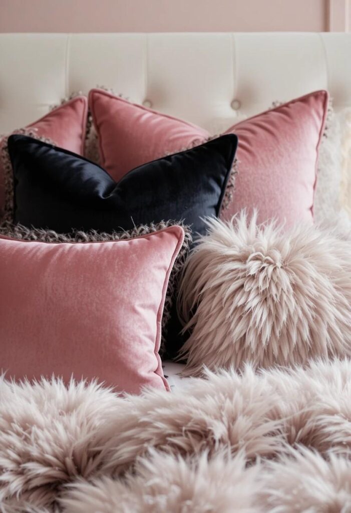  Layered pink and black throw pillows in velvet and faux fur