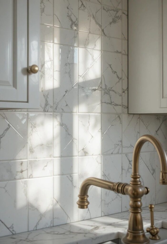 White subway tile in herringbone layout for kitchen backsplash