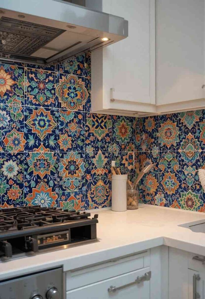 Colorful Moroccan inspired tile backsplash behind kitchen stove