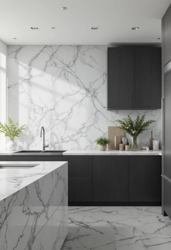 Seamless marble slab backsplash in modern minimalist kitchen