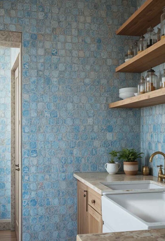 Handmade zellige tile backsplash with soft blue texture variation