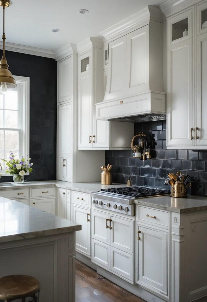Matte black tile backsplash contrast against white kitchen cabinets