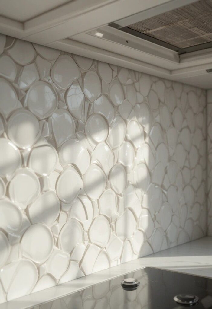 White textured 3D scalloped tile backsplash with shadow detail