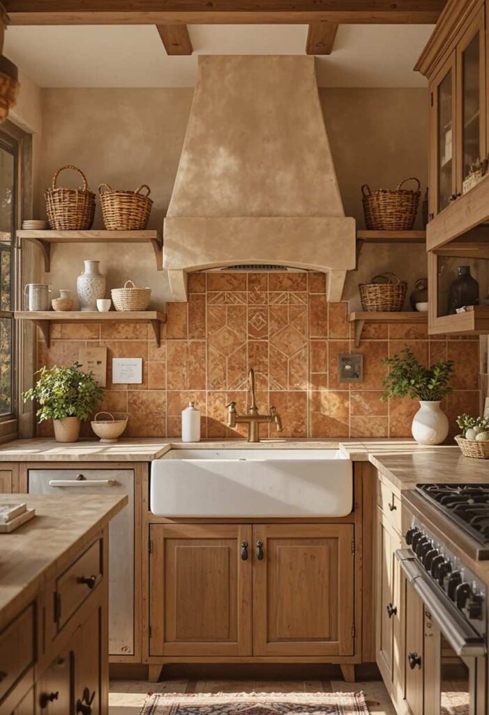 Warm terracotta tile backsplash in farmhouse style kitchen