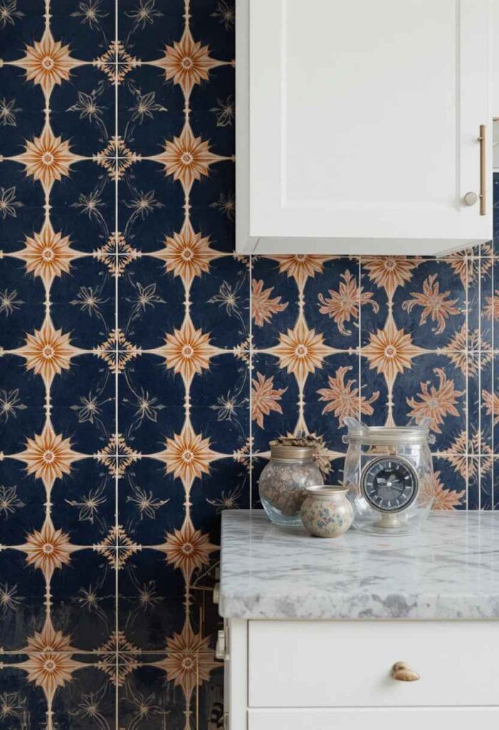Spanish style encaustic patterned tile kitchen backsplash