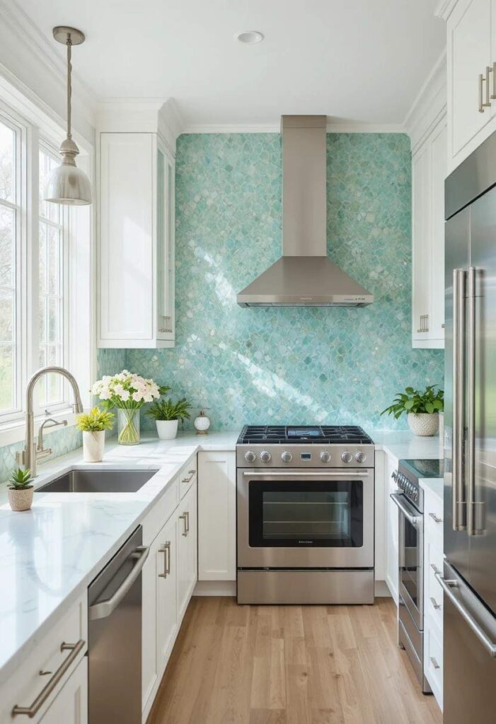 Iridescent seafoam green glass tile backsplash reflecting light