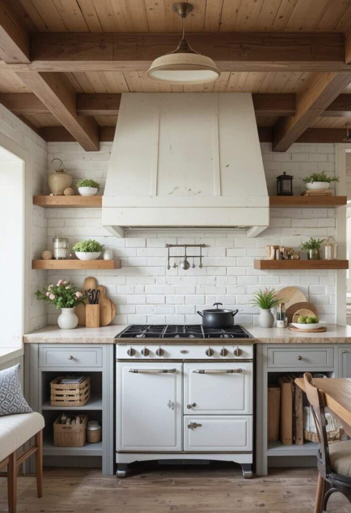 Whitewashed brick look tile backsplash in rustic farmhouse kitchen