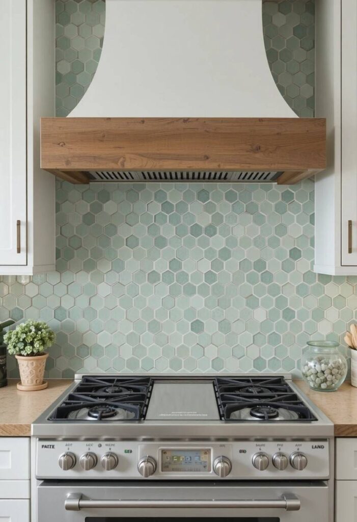 Sage green hexagon mosaic tile geometric kitchen backsplash