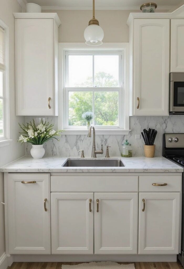 Faux marble peel and stick tile backsplash for renters