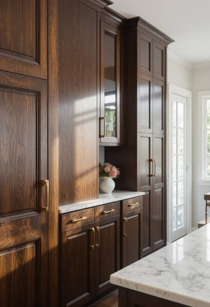  Deep walnut brown kitchen cabinets with gold hardware