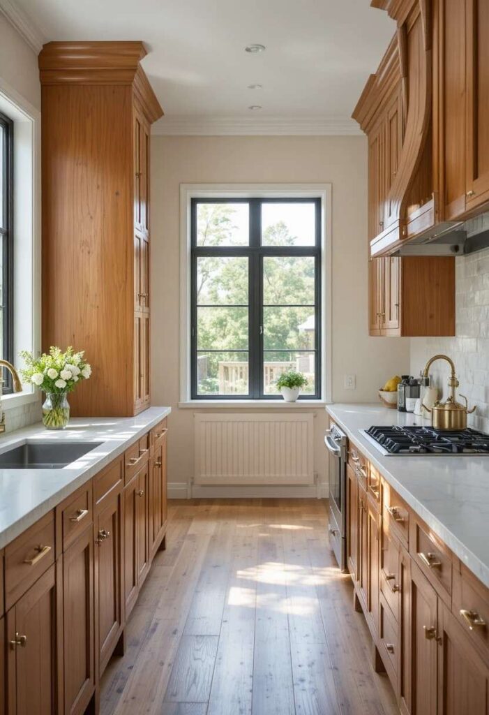  Warm caramel brown kitchen cabinets with white quartz counters