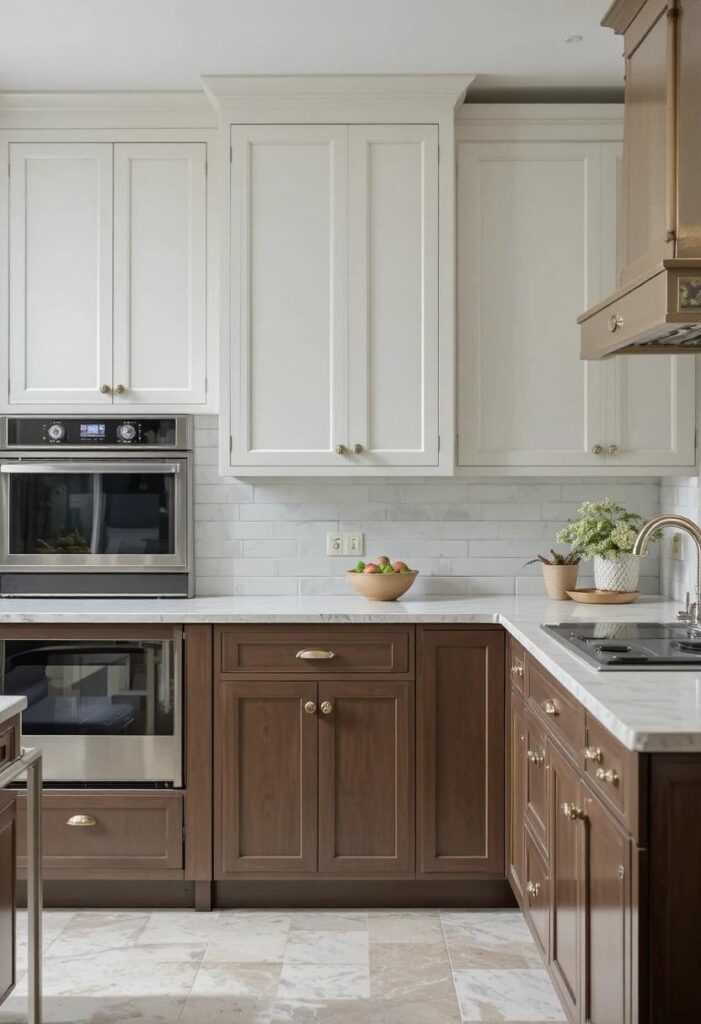  Two toned brown and white kitchen cabinet combination