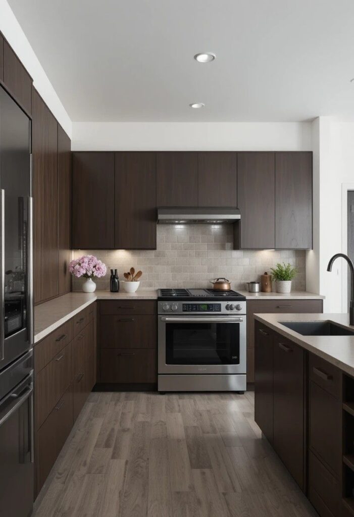 Matte chocolate brown modern slab kitchen cabinets