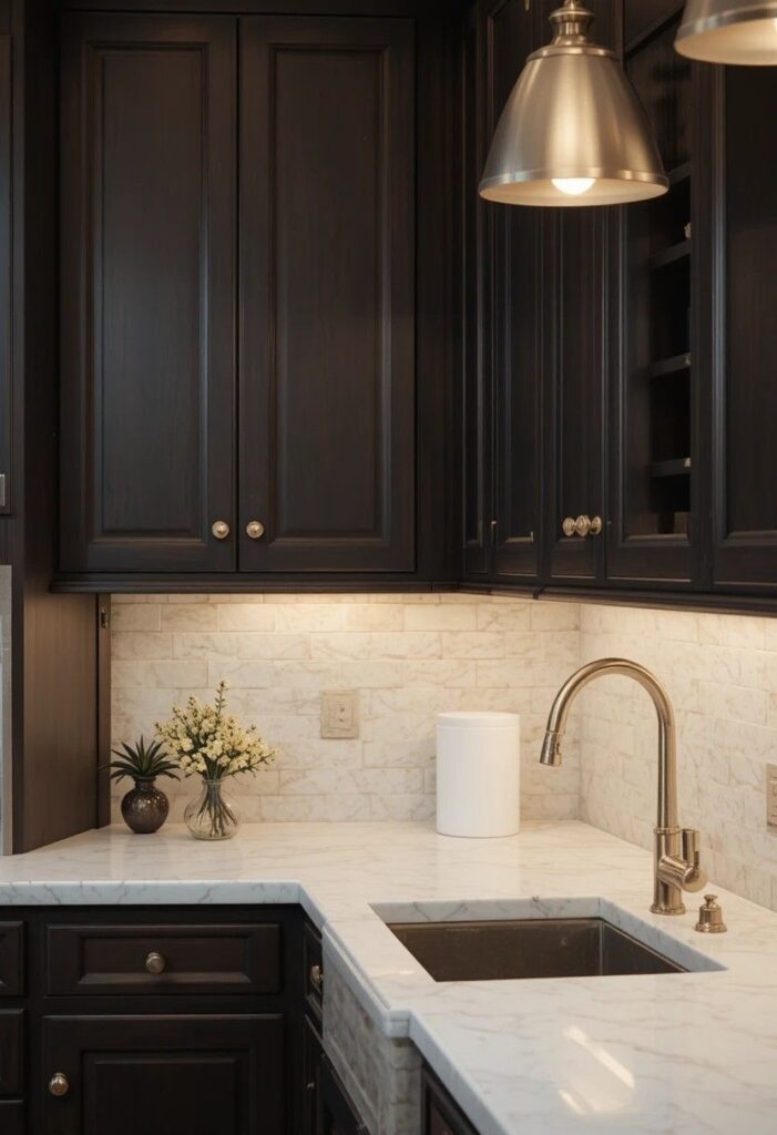  Espresso brown kitchen cabinets with brass hardware