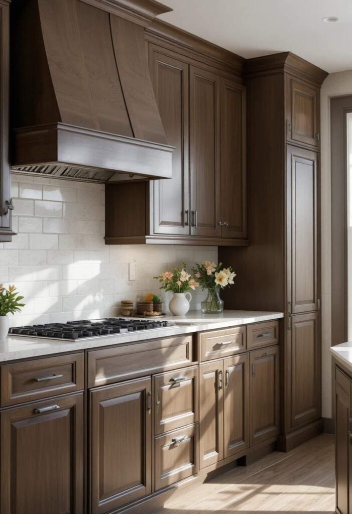 Brown shaker style kitchen cabinets with satin finish
